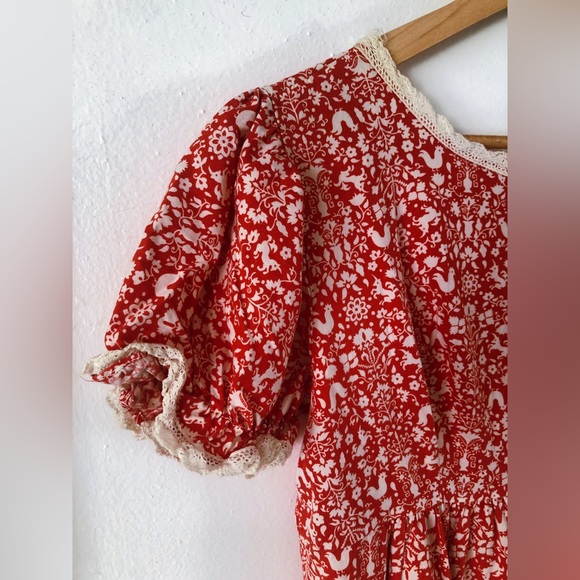 Vintage Rare 60s Unicorn Floral Folk Print Prairie Dress / Ruffles Puff Sleeves - Picture 11 of 15